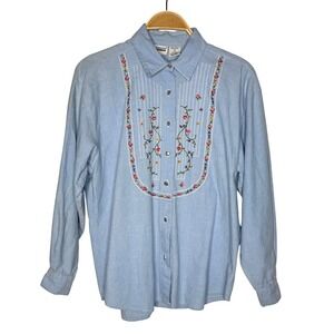 Capacity Embroidered Denim Shirt Light Blue Long‎ Sleeve Button Up Women's M